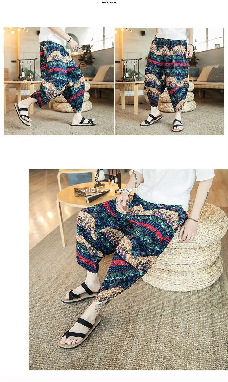 Thai Elephant Print Wide Leg Pants Men Cotton Linen — feature 14