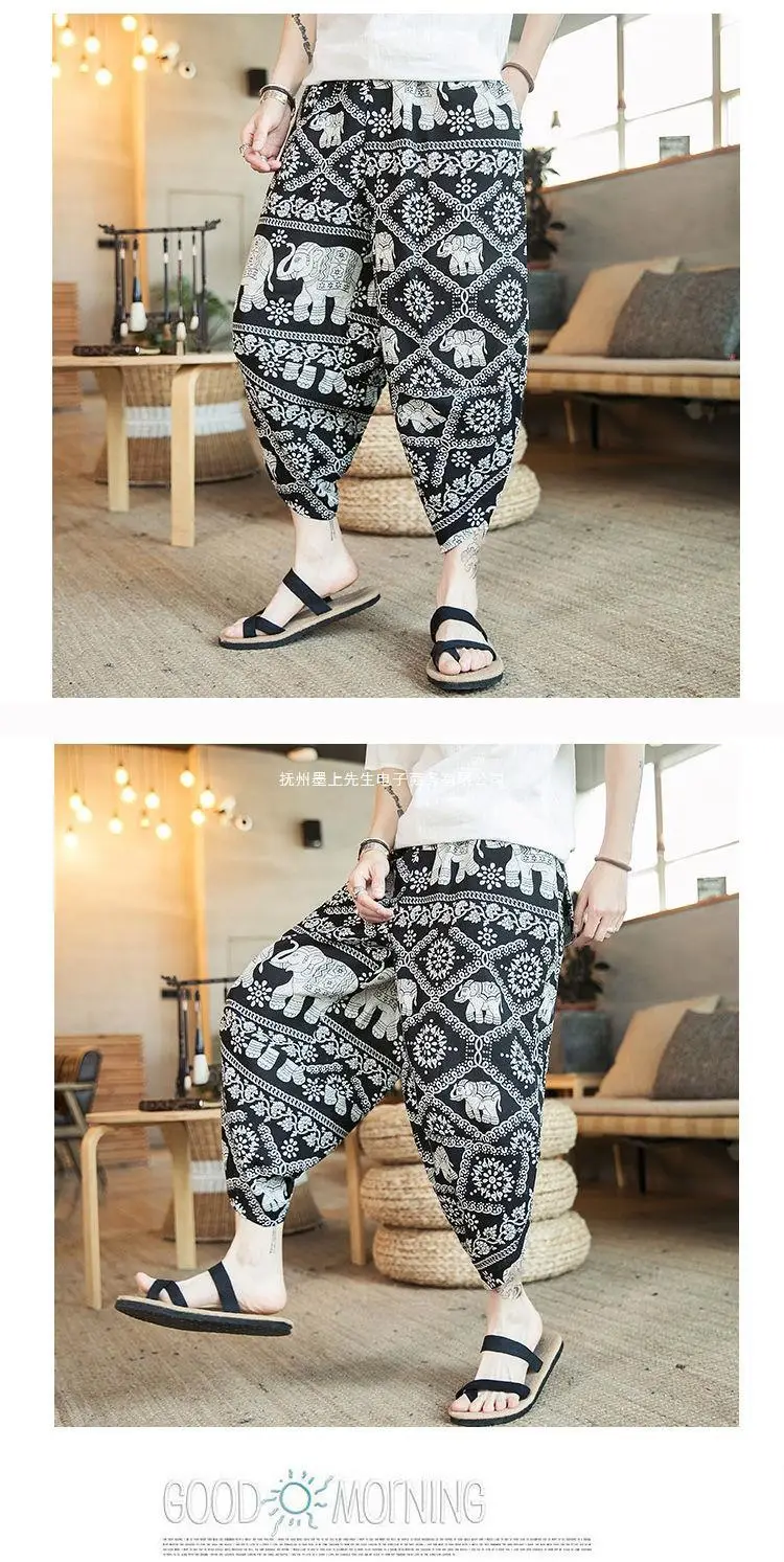 Thai Elephant Print Wide Leg Pants Men Cotton Linen — feature 16