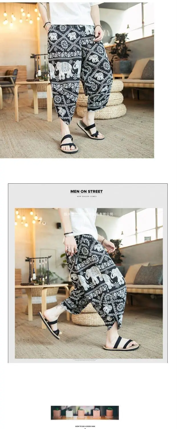 Thai Elephant Print Wide Leg Pants Men Cotton Linen — feature 17