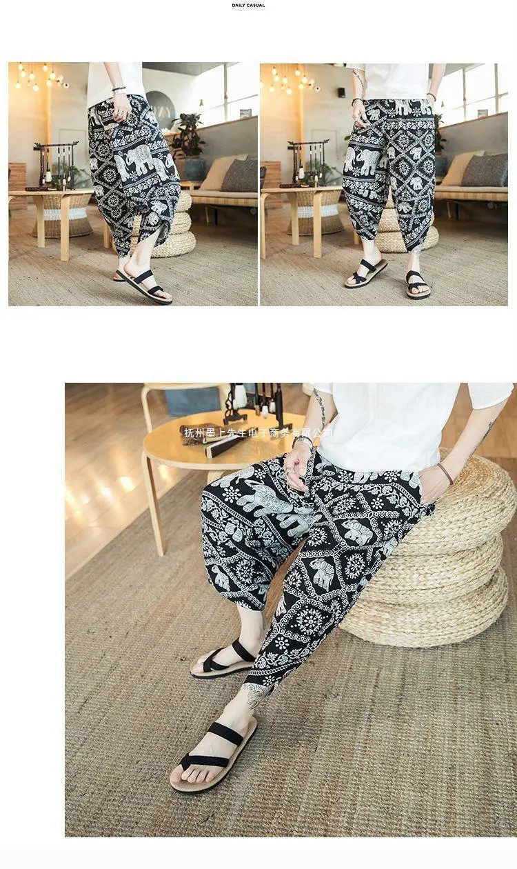 Thai Elephant Print Wide Leg Pants Men Cotton Linen — feature 18