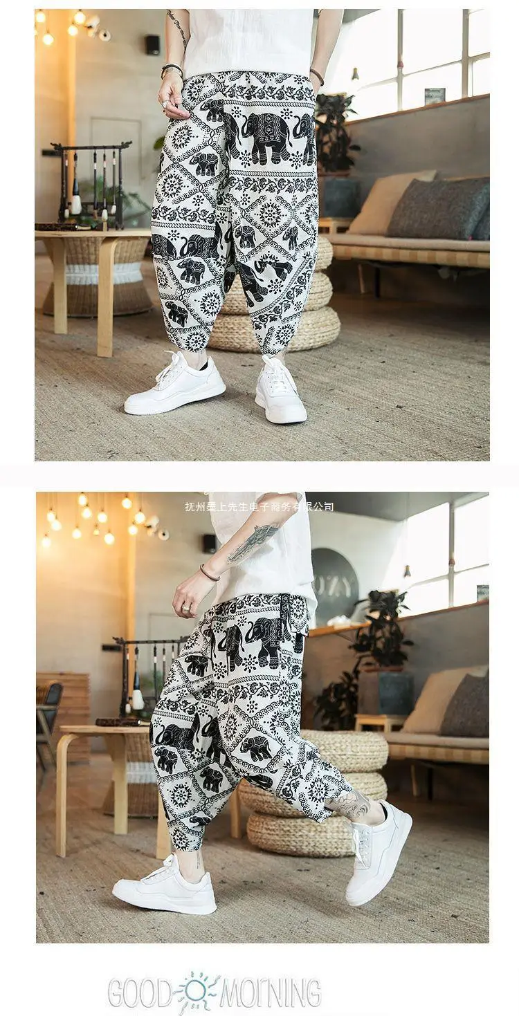 Thai Elephant Print Wide Leg Pants Men Cotton Linen — feature 4