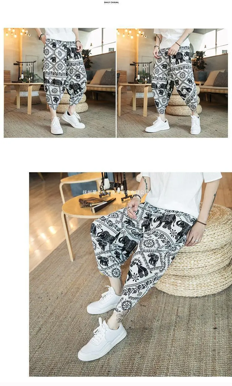 Thai Elephant Print Wide Leg Pants Men Cotton Linen — feature 6