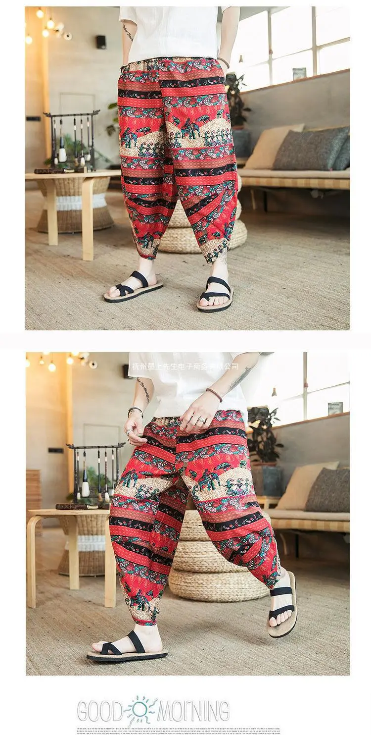 Thai Elephant Print Wide Leg Pants Men Cotton Linen — feature 8