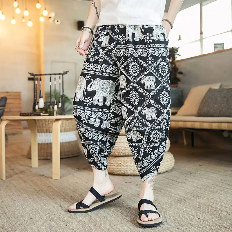 Thai Elephant Print Wide Leg Pants Men Cotton Linen - Image 2