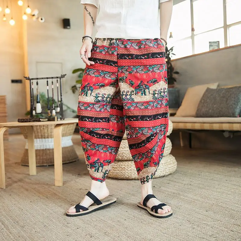 Thai Elephant Print Wide Leg Pants Men Cotton Linen - Image 3