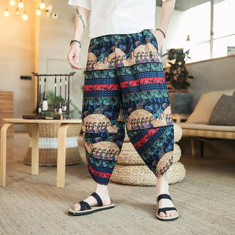 Thai Elephant Print Wide Leg Pants Men Cotton Linen - Image 4
