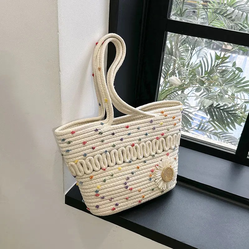 Women's Straw Flower Bag Beige White Shoulder Carry