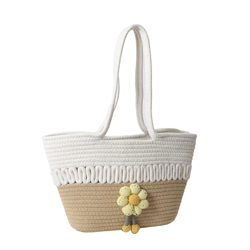 Women's Straw Flower Bag Beige White Shoulder Carry