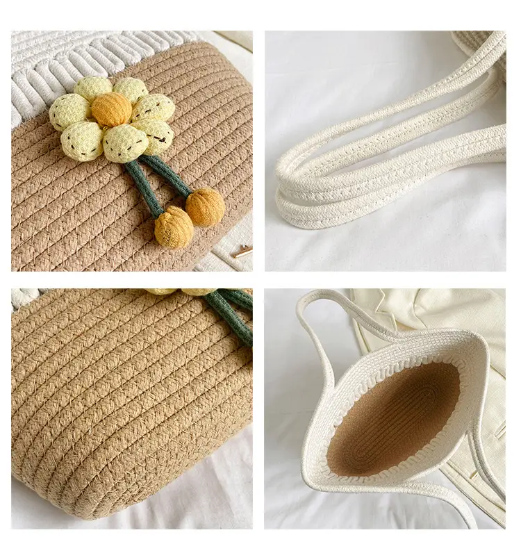 Women's Straw Flower Bag Beige White Shoulder Carry — feature 7