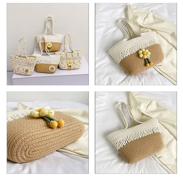 Women's Straw Flower Bag Beige White Shoulder Carry — feature 8