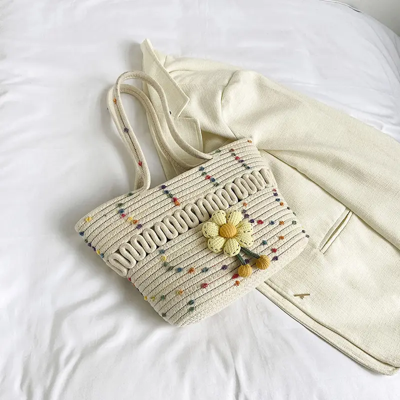 Women's Straw Flower Bag Beige White Shoulder Carry