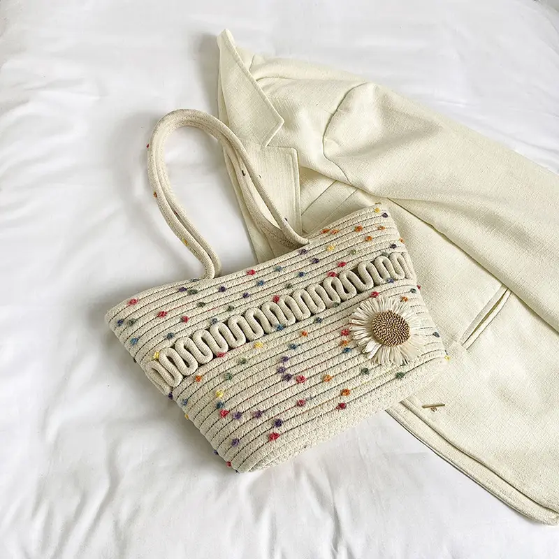 Women's Straw Flower Bag Beige White Shoulder Carry