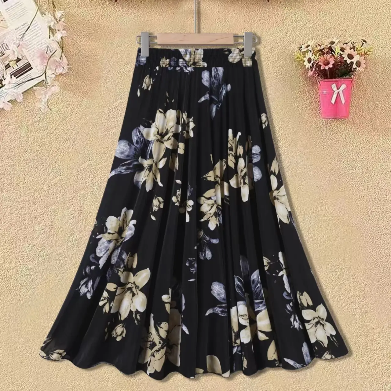 Black Ice Silk Pleated Skirt for Women