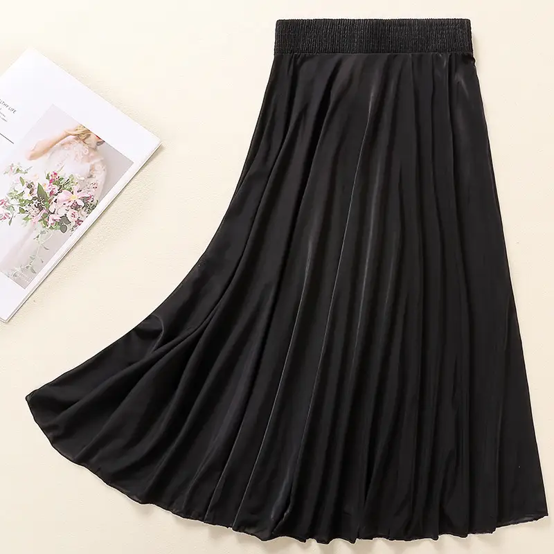 Black Ice Silk Pleated Skirt for Women