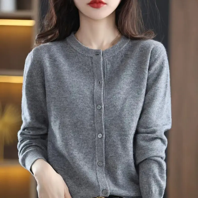 Women Knitted Cardigan Grey Slim Fit Winter Warm