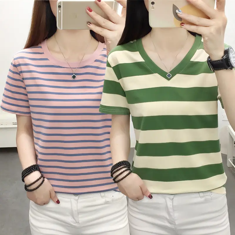 Women Blue Striped V-Neck T-Shirt Large Cotton 2023 - Image 52