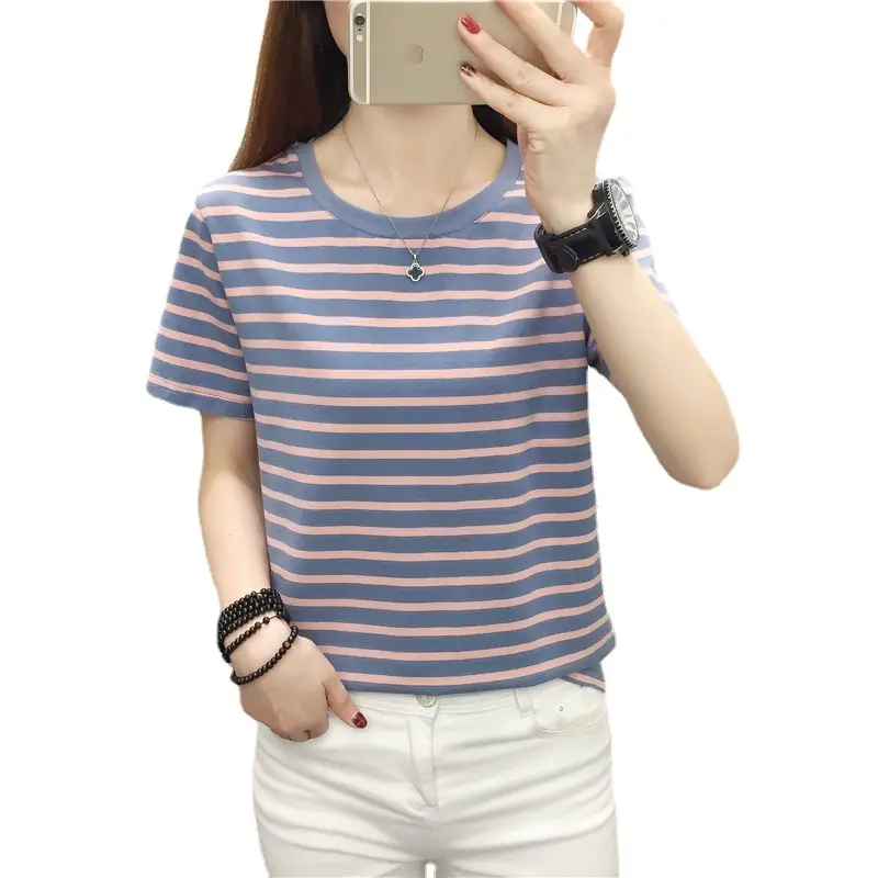 Women Blue Striped V-Neck T-Shirt Large Cotton 2023 - Image 56