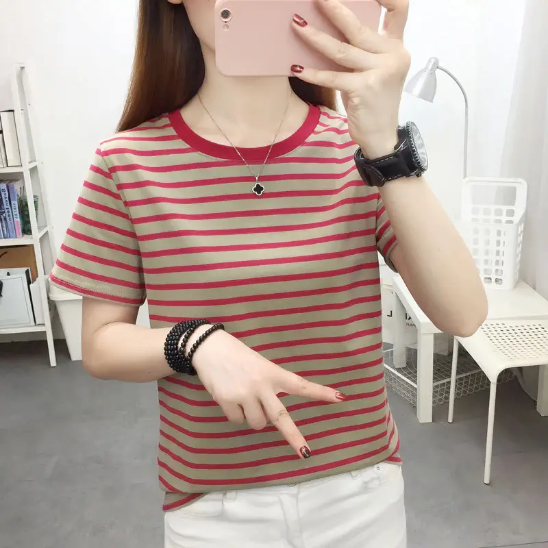 Women Blue Striped V-Neck T-Shirt Large Cotton 2023 — feature 12