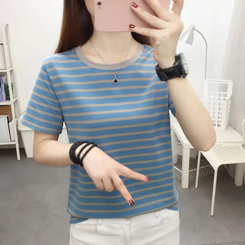 Women Blue Striped V-Neck T-Shirt Large Cotton 2023 — feature 14