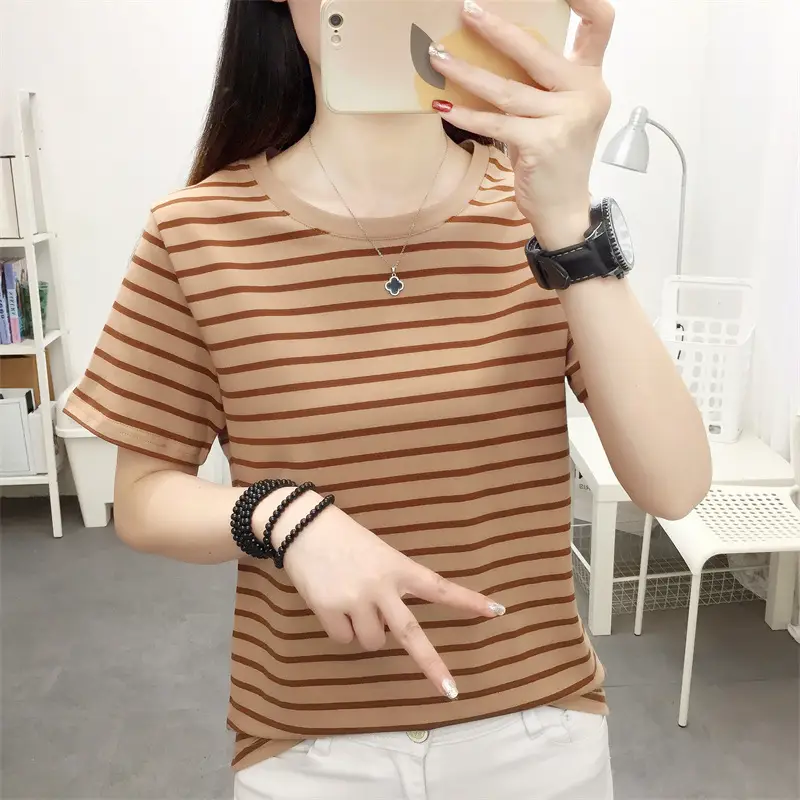 Women Blue Striped V-Neck T-Shirt Large Cotton 2023 — feature 18