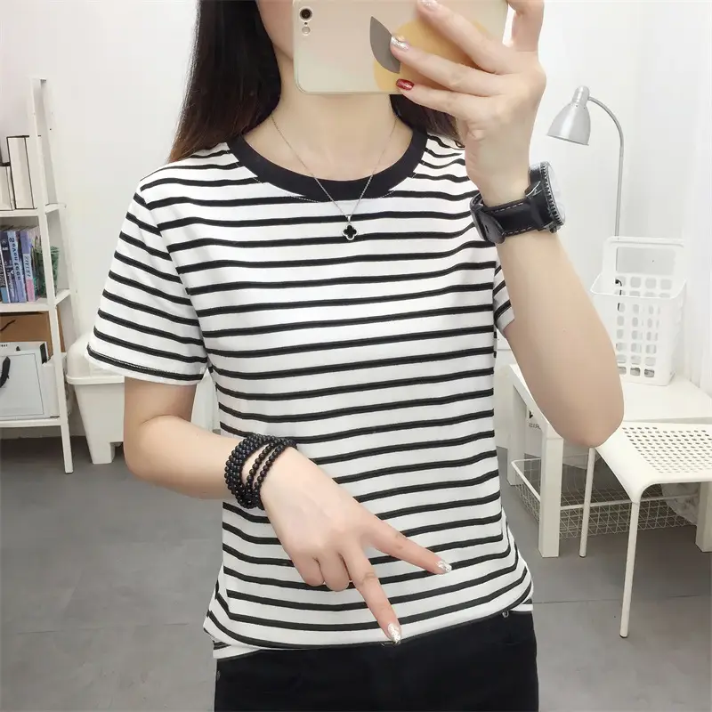 Women Blue Striped V-Neck T-Shirt Large Cotton 2023 — feature 22