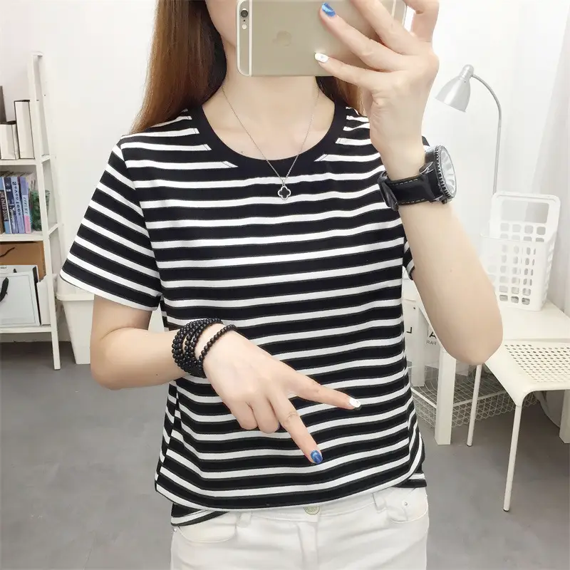 Women Blue Striped V-Neck T-Shirt Large Cotton 2023 — feature 24