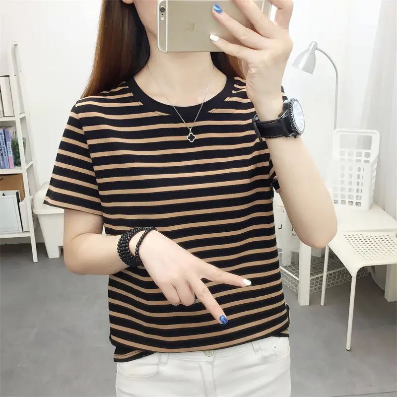 Women Blue Striped V-Neck T-Shirt Large Cotton 2023 — feature 26