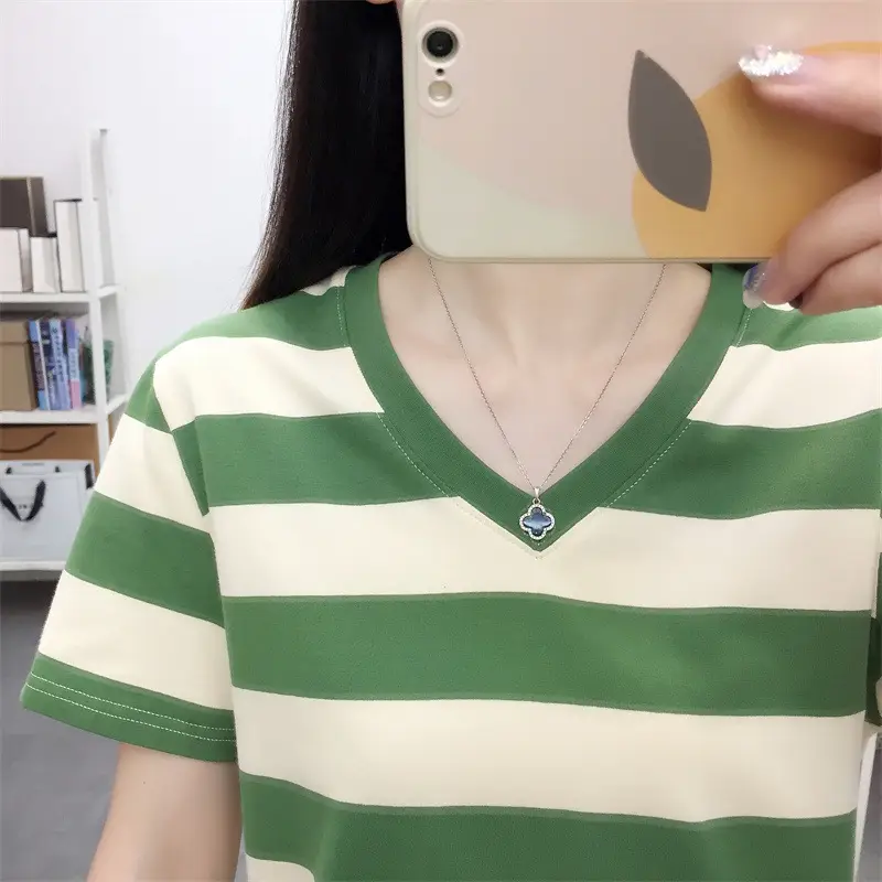 Women Blue Striped V-Neck T-Shirt Large Cotton 2023 — feature 27