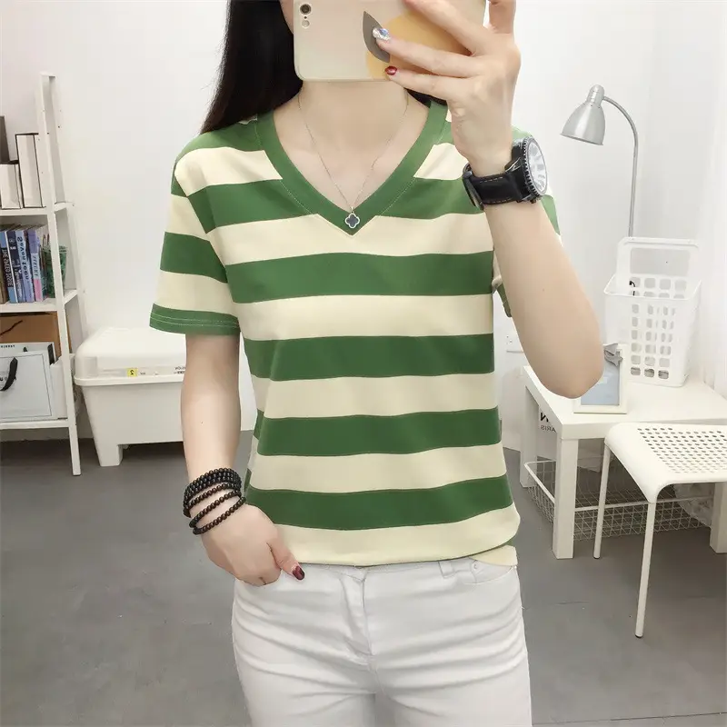 Women Blue Striped V-Neck T-Shirt Large Cotton 2023 — feature 29