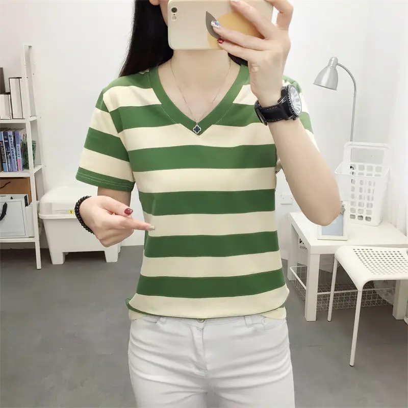 Women Blue Striped V-Neck T-Shirt Large Cotton 2023 — feature 30