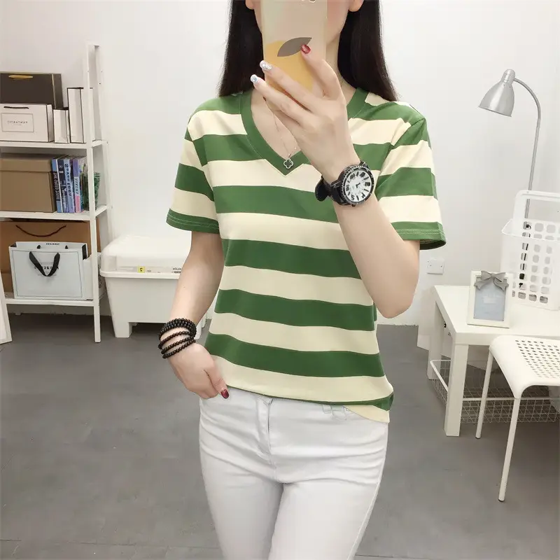 Women Blue Striped V-Neck T-Shirt Large Cotton 2023 — feature 31
