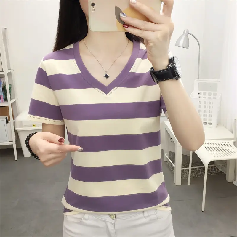 Women Blue Striped V-Neck T-Shirt Large Cotton 2023 — feature 33