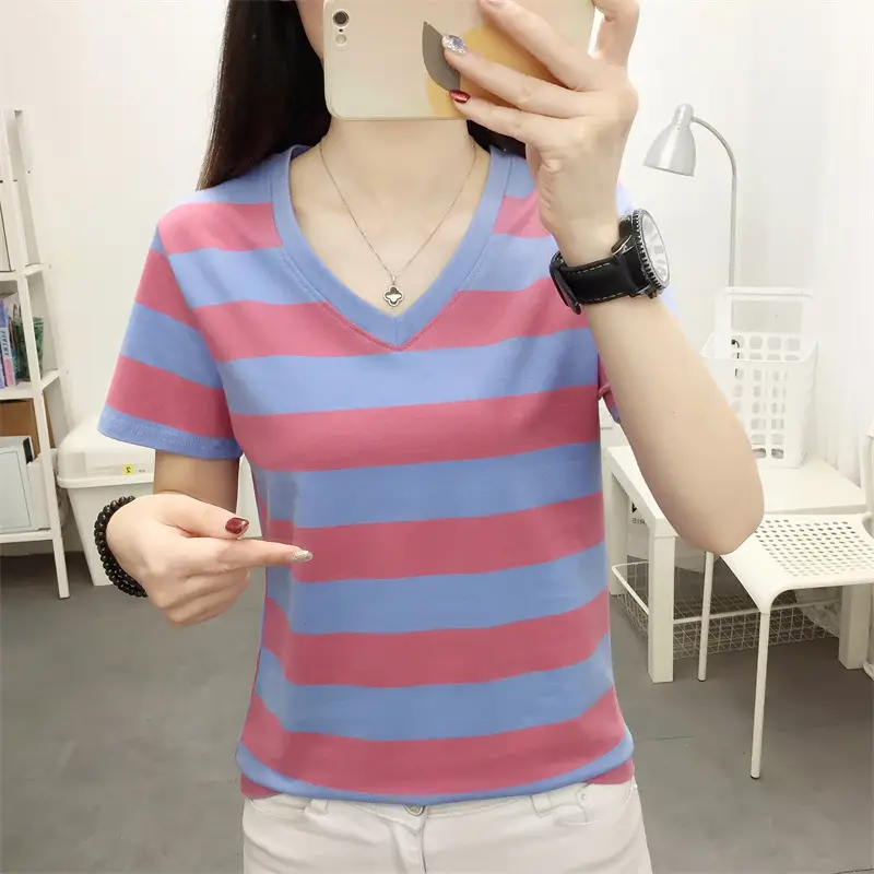Women Blue Striped V-Neck T-Shirt Large Cotton 2023 — feature 35