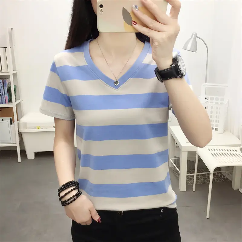 Women Blue Striped V-Neck T-Shirt Large Cotton 2023 — feature 36