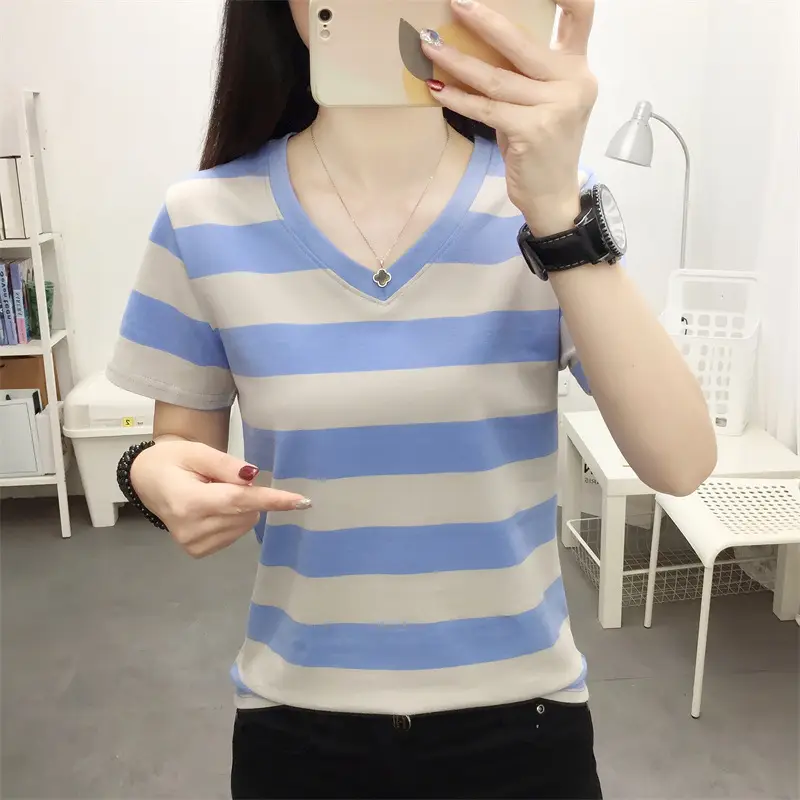 Women Blue Striped V-Neck T-Shirt Large Cotton 2023 — feature 37