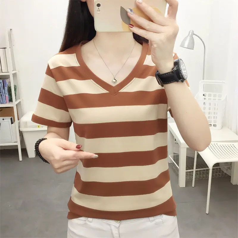 Women Blue Striped V-Neck T-Shirt Large Cotton 2023 — feature 39