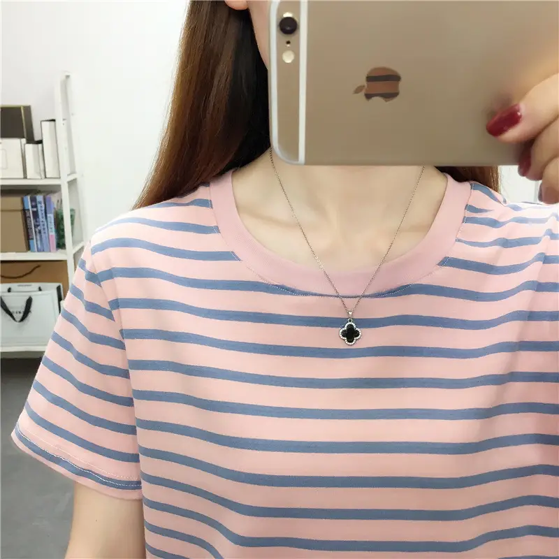 Women Blue Striped V-Neck T-Shirt Large Cotton 2023 — feature 5