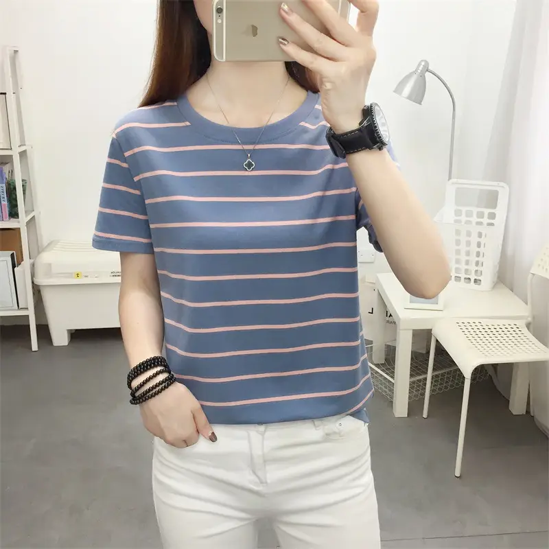 Women Blue Striped V-Neck T-Shirt Large Cotton 2023 - Image 10