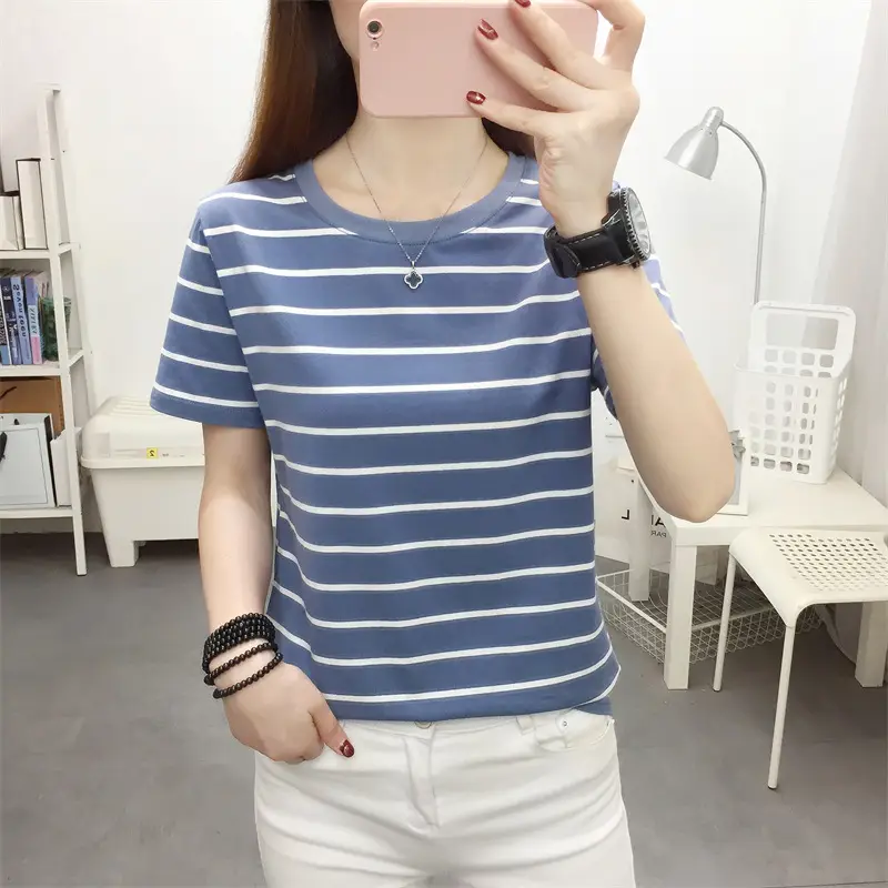 Women Blue Striped V-Neck T-Shirt Large Cotton 2023 - Image 13