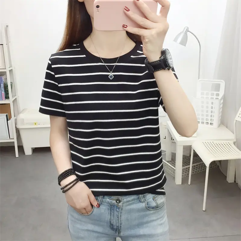 Women Blue Striped V-Neck T-Shirt Large Cotton 2023 - Image 14