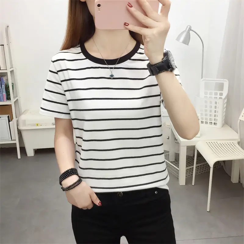 Women Blue Striped V-Neck T-Shirt Large Cotton 2023 - Image 15