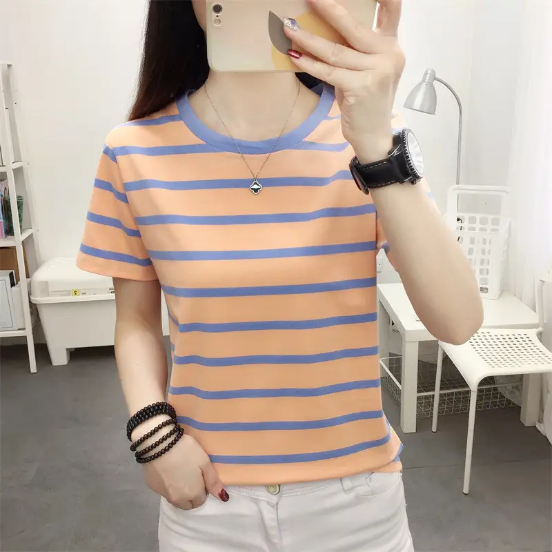 Women Blue Striped V-Neck T-Shirt Large Cotton 2023 - Image 17
