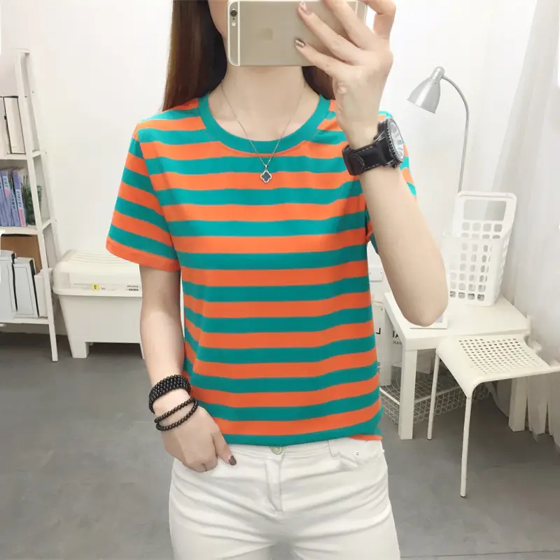 Women Blue Striped V-Neck T-Shirt Large Cotton 2023 - Image 18