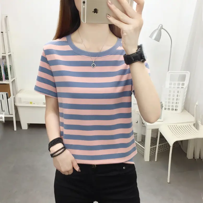 Women Blue Striped V-Neck T-Shirt Large Cotton 2023 - Image 19