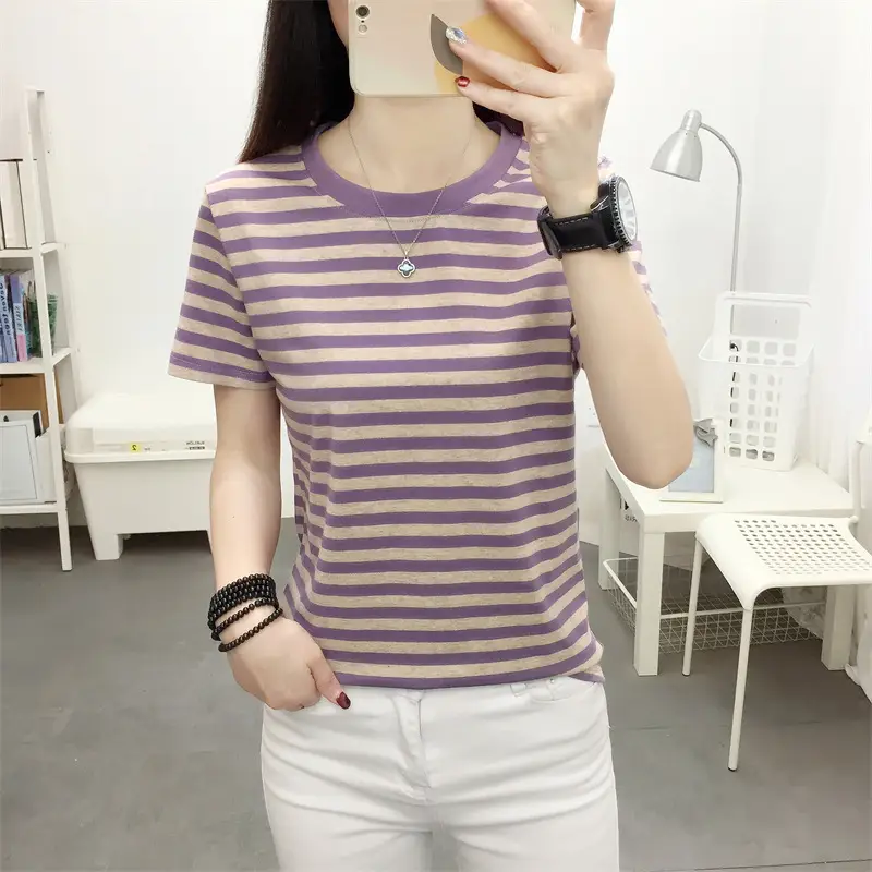 Women Blue Striped V-Neck T-Shirt Large Cotton 2023 - Image 20