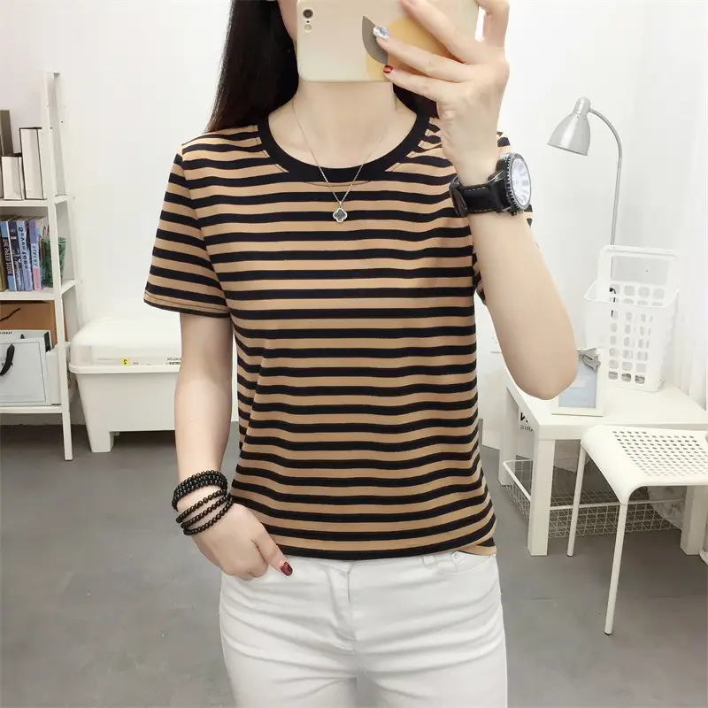 Women Blue Striped V-Neck T-Shirt Large Cotton 2023 - Image 21