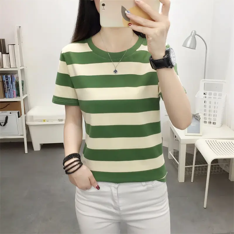 Women Blue Striped V-Neck T-Shirt Large Cotton 2023 - Image 22
