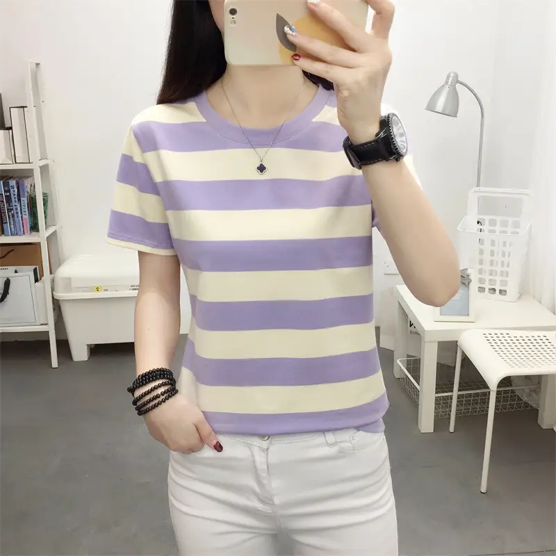 Women Blue Striped V-Neck T-Shirt Large Cotton 2023 - Image 23