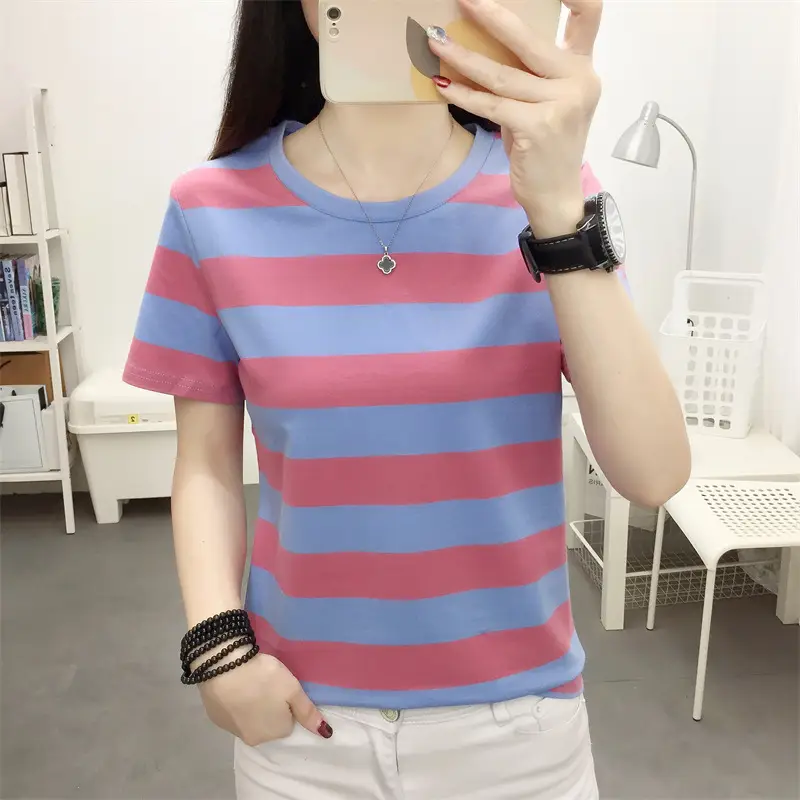 Women Blue Striped V-Neck T-Shirt Large Cotton 2023 - Image 24