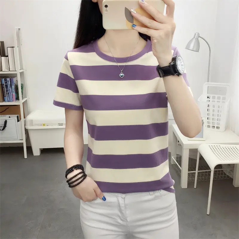 Women Blue Striped V-Neck T-Shirt Large Cotton 2023 - Image 25